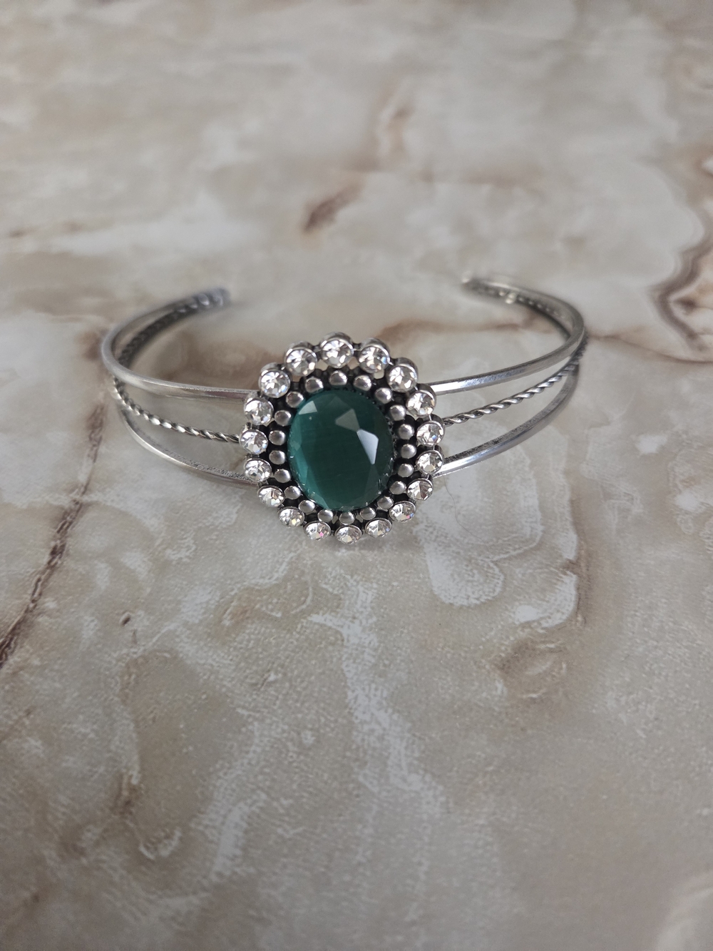 Silver-Accent Cuff Bracelet with Deep Green Stone